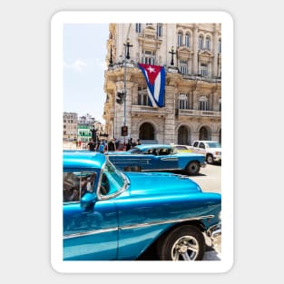 Blue Cars In Havana And Cuban Flag Sticker
